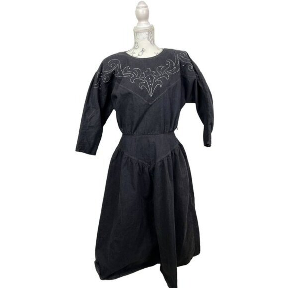 PG‎ Collections Western Style Black Denim Dress with White Embroidery Size 10 - Picture 2 of 14